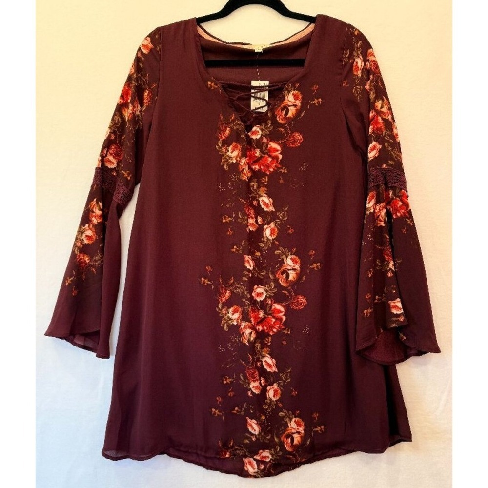 Hint of Mint Maroon Floral Bell Sleeve Dress Small • NWT • Boho Romantic Style
